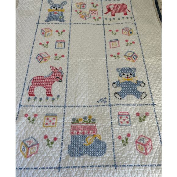 Handmade Other - Vintage Handmade Blanket Quilted White Needle Point Bunnies Bear Elephant